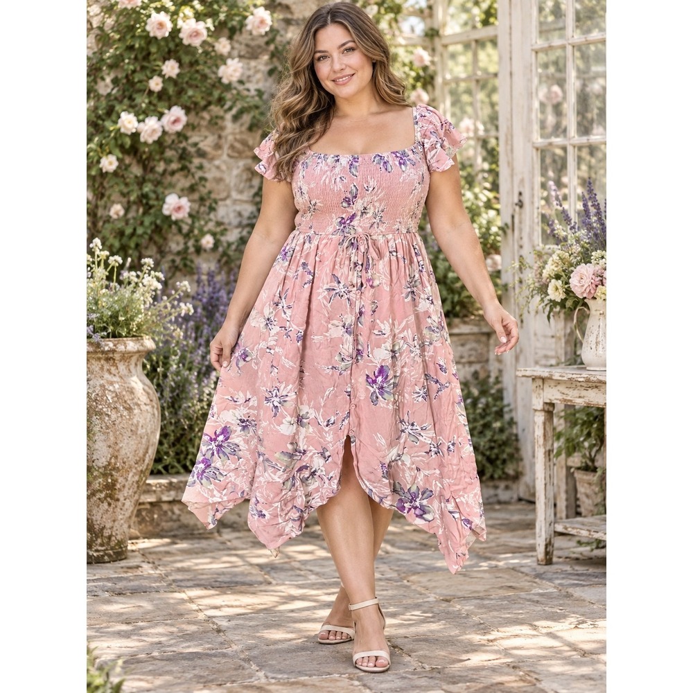 K298. Cottagecore Boho Smocked Midi Dress Button Front High Low Tulip Hem